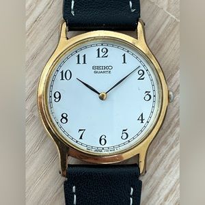Seiko Vintage Dress Watch Round White Dial New Black Leather Strap New Crystal